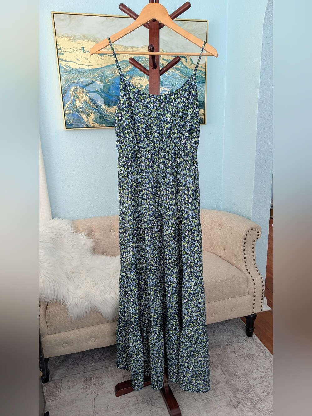 Michael Kors Blue Green and White Floral Maxi Dress Woman's Sz P/M. - Picture 2 of 10
